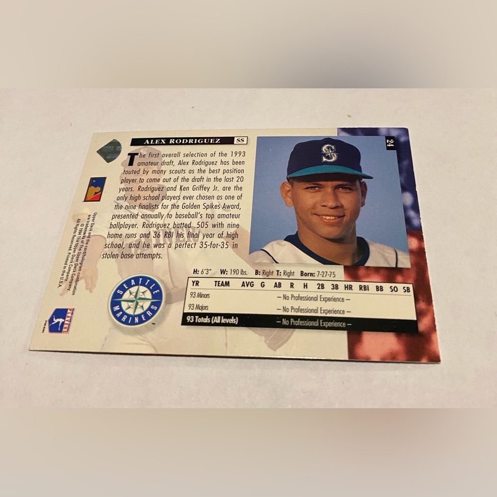 Alex Rodriguez RC Rookie 1994 Upper Deck # 24 Seattle Mariners Vintage - Picture 2 of 3